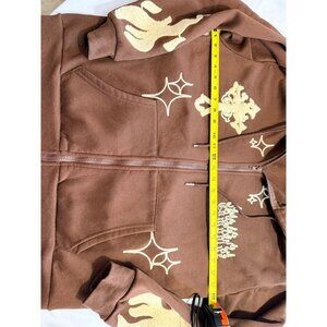 Brown Graphic Hoodie With Zipper & Embroidered Designs Fleece Lined Size Large